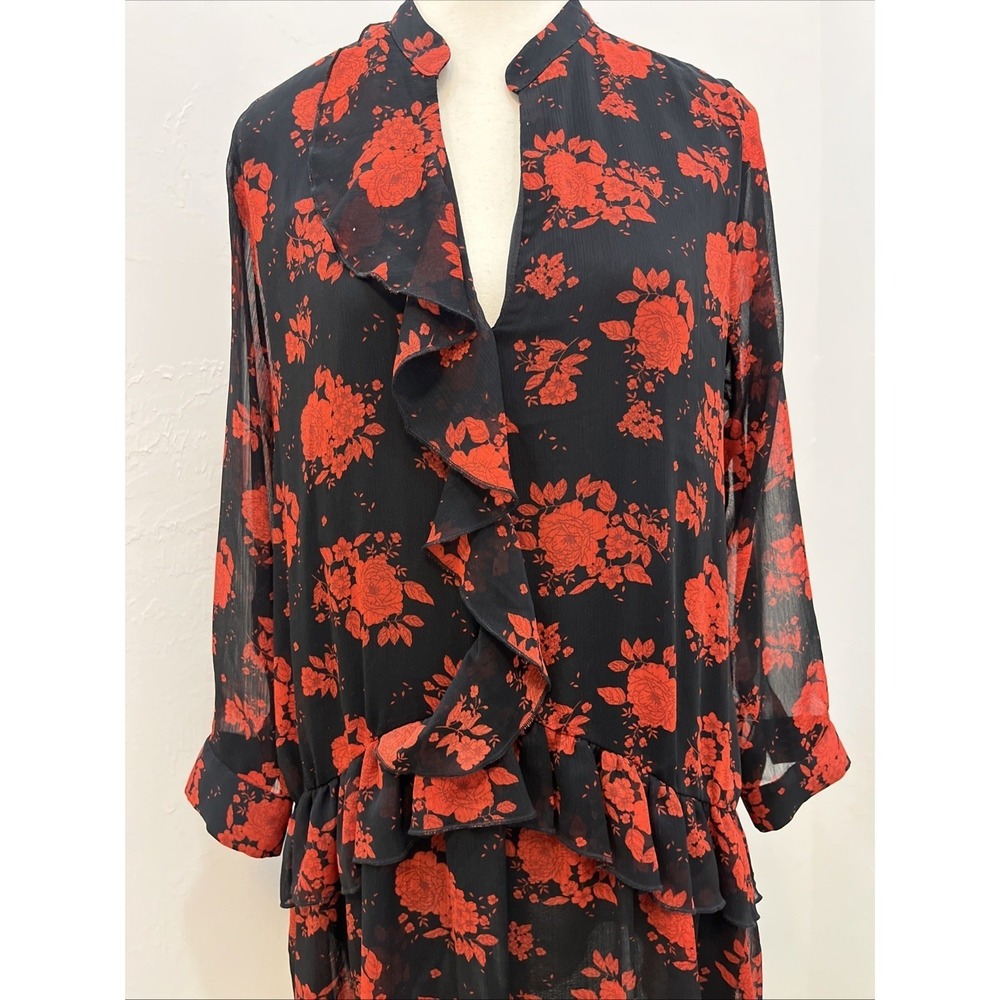 Zara Floral Mini Dress Womens L Black Red Rose Ruffle V-Neck Long Sleeve Good - Picture 7 of 11